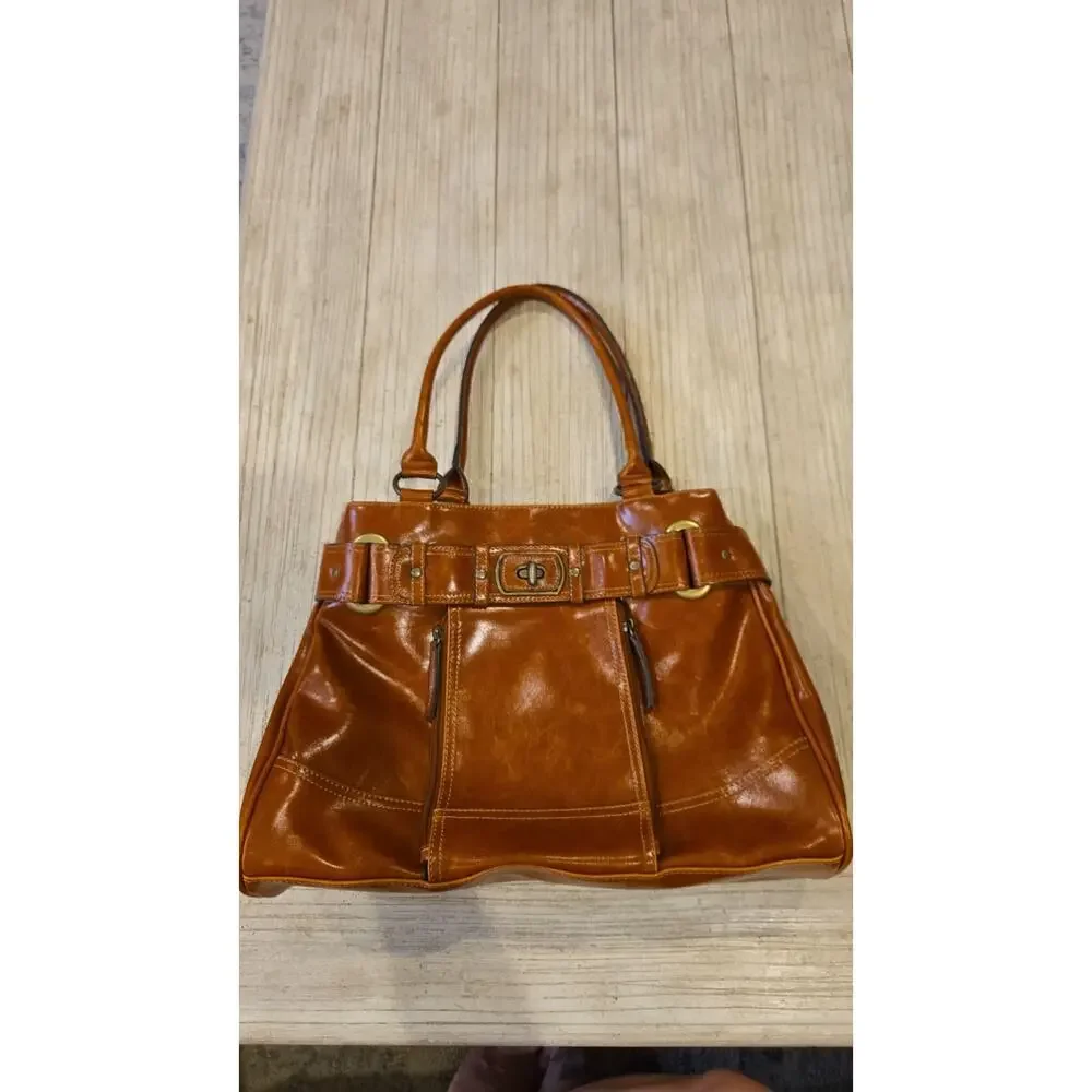 Giani Bernini Women's Saddle Brown Leather‎ Satchel Bag with Turn Lock Closure